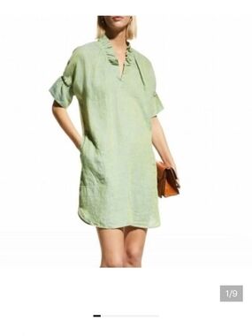 Finley Linen Crosby Popover Green Ruffle Neck Dress Size L
